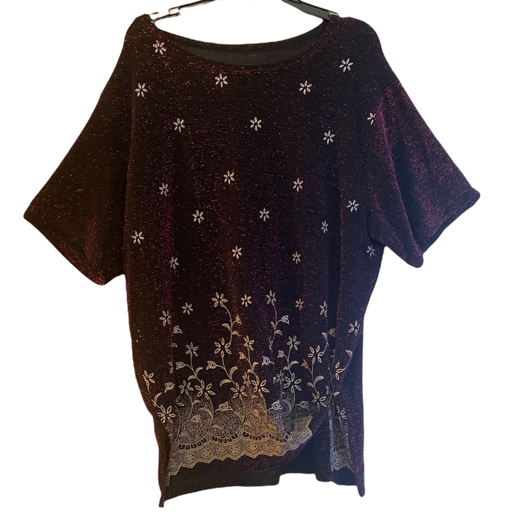 Metallic Thread Floral Short Sleeve Blouse (Size: Large)
